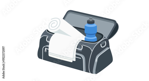 Open dark gray gym bag with rolled white towels and blue water bottle.