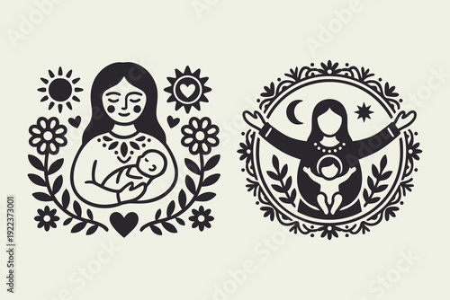 Folk Art Mother and Child Graphic Illustrations Set