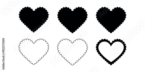 Black and white heart shapes with scalloped edges hearts in white background