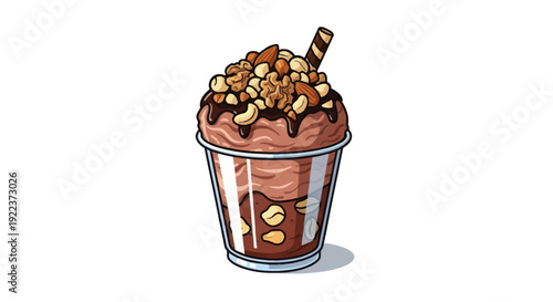 Delicious Chocolate Milkshake with Nuts and Wafer Stick in a Glass.