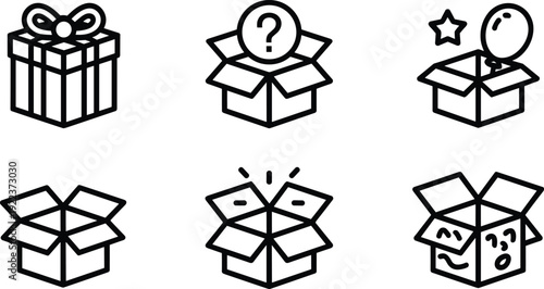 Box and surprise silhouette illustration featuring gift box, mystery box, celebration icons, and expressive designs symbolizing packaging, excitement, creativity, and decorative graphic assets