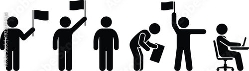 Business leadership and goal achievement stick figure icons set, career success flag symbol and office worker concept isolated on white background illustration