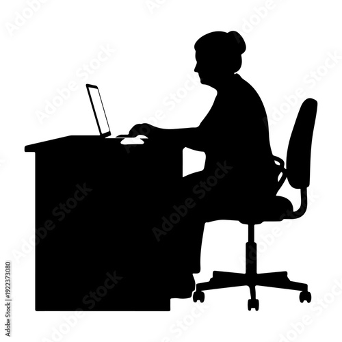 Senior Woman Working on Laptop at Desk, Flat Design Vector Illustration