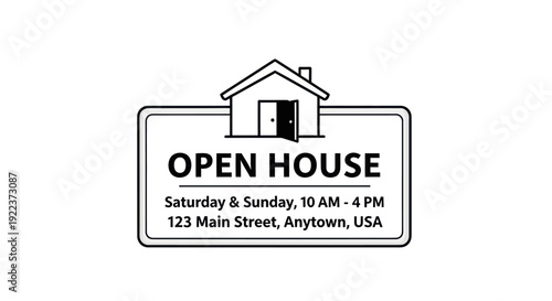 Black and white line art of a real estate open house sign with event details.