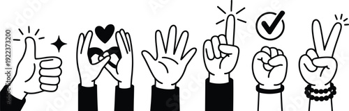 A set of six unique black and white hand gestures conveying approval, love, and other positive messages