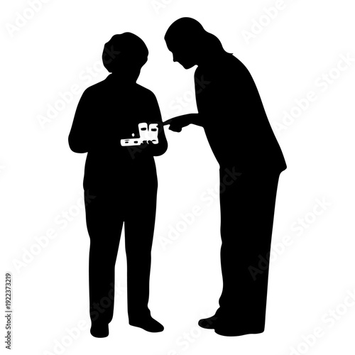Two seniors looking at Medicine, silhouette vector 