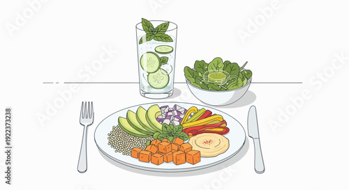 Vibrant Healthy Meal with Fresh Salad and Infused Water.