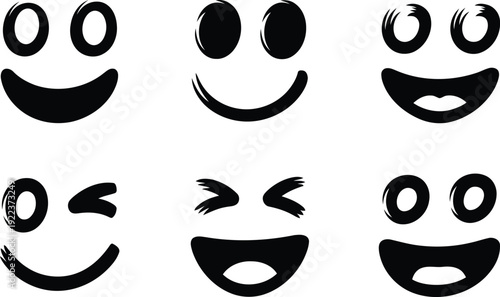 A set of six unique black brush stroke style expressive faces with various positive emotions