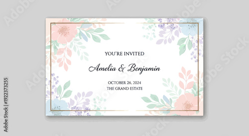 Elegant Pastel Floral Wedding Invitation Card with Gold Border for Amelia  Benjamin.