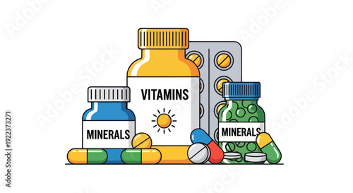 Assortment of Vitamin and Mineral Supplement Bottles and Pills.