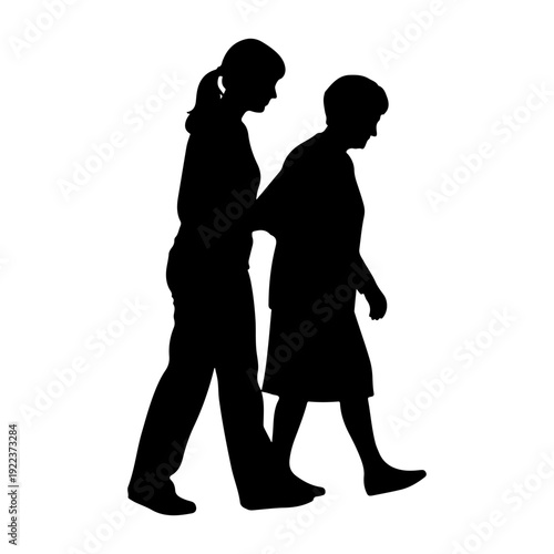 Young woman assisting elder woman walking, flat design silhouette vector 