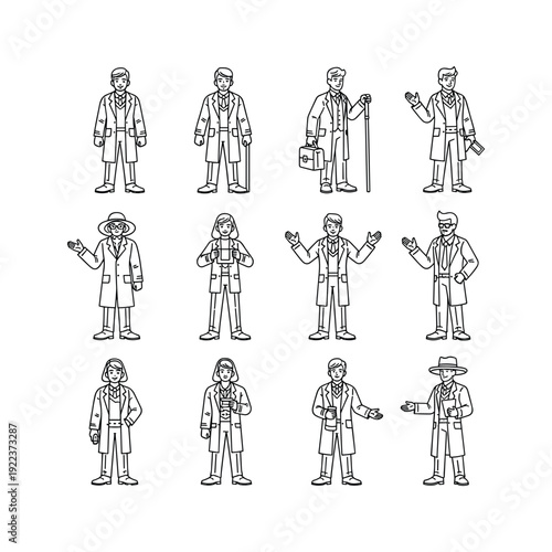 Set of doctors and medical professionals in various poses and actions line art