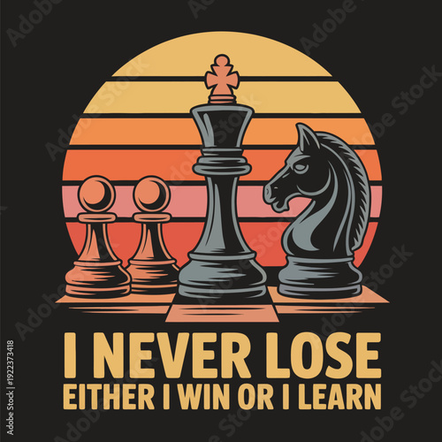 Chess pieces on a colorful background with motivational text queen knight pawn