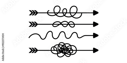 Black arrows with wavy and looped shafts on white background wavy arrows looped arrows