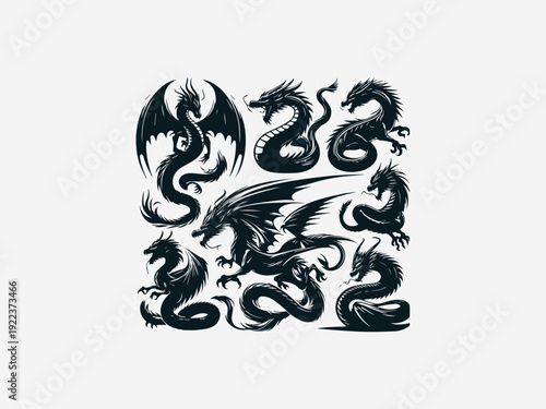 Collection of various dragon silhouettes in different poses on a white background with dark tones.