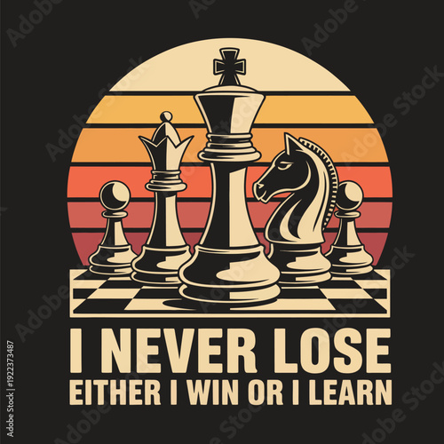 Chess pieces on a checkered board with a sunset background and motivational text