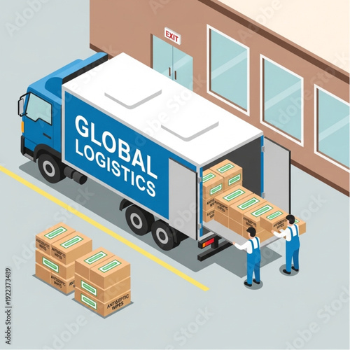 Logistics workers unloading packages from a delivery truck at a warehouse.