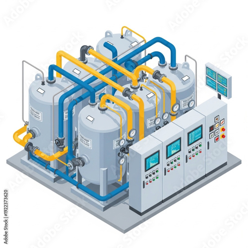 Industrial water treatment plant equipment with control panel and pipes.