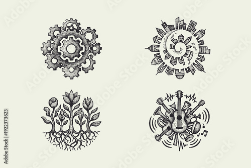 Vintage Stipple Icons: Technology, City, Nature, and Music Concepts