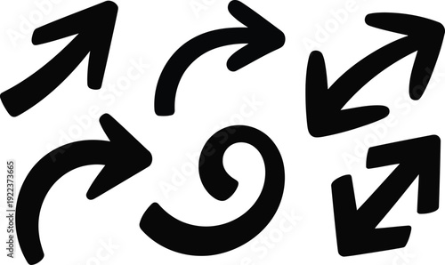 A unique group of black hand drawn arrows showing multiple directions and expressive movements