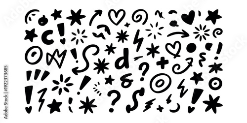 Black doodle symbols and punctuation marks on white background