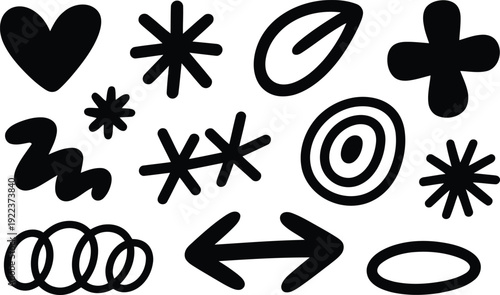 A varied collection of hand drawn doodle style black shapes and symbols on a clean white background