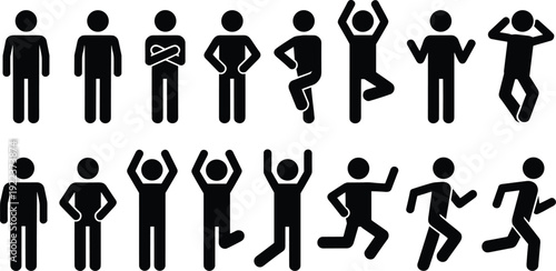 Collection of human stick figure silhouettes showing various poses including standing, thinking, celebrating, jumping and running isolated on white background icon set