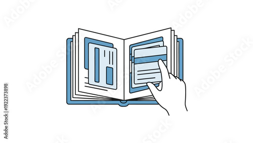 Hand interacting with open book.