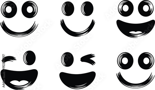 A variety of six black brush stroke style emotional faces on a bright white background