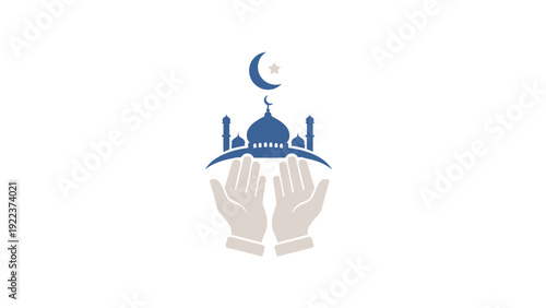 Hands holding mosque with crescent moon.