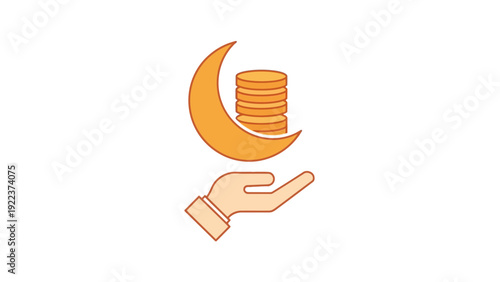 Hand holding coins and crescent moon.