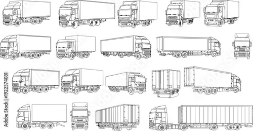 Set of black outline vector trucks illustration, cargo transport lorry collection, commercial delivery vehicles, side front rear view, logistic transport truck bundle isolated drawing