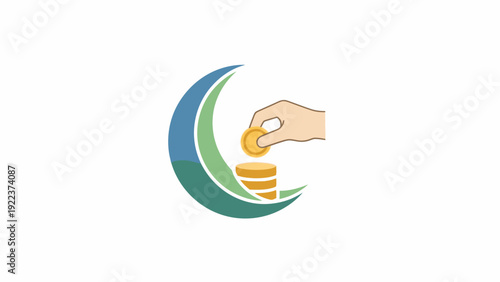Hand holding coins on crescent moon icon.