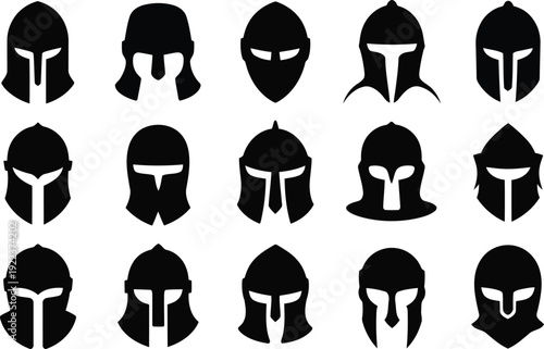 A visually striking assortment of dark silhouette warrior helmets displayed against a bright white backdrop. These represent ancient military headgear