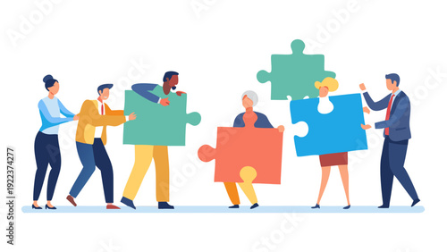 Flat vector of diverse professionals (different ages, ethnicities, abilities) putting together giant puzzle pieces, bright corporate colors.