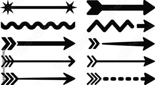 An assortment of black arrow and line designs featuring various heads and bodies on a white backdrop