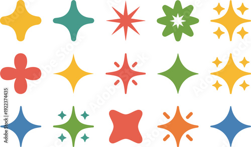 An array of cheerful star and sparkle designs featuring multiple vibrant color tones