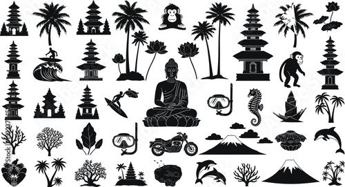 Black silhouette set of Bali travel icons including Buddha, temples, palm trees, surfing, and marine life isolated on white background.