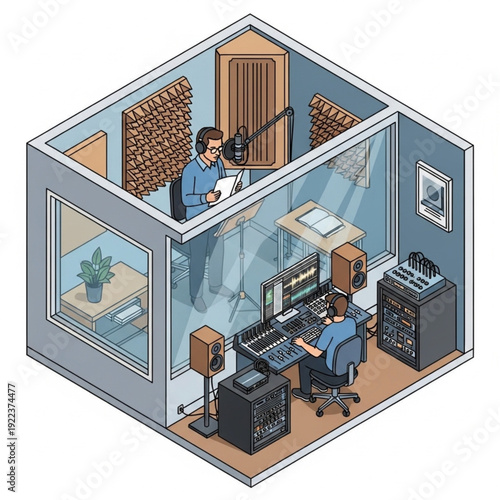 Isometric View of a Recording Studio with Two Men Working.
