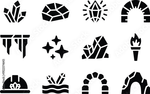 Collection of twelve stylized mining and crystal icons, symbolizing geology, treasure hunting, underground exploration, fantasy, and natural resources