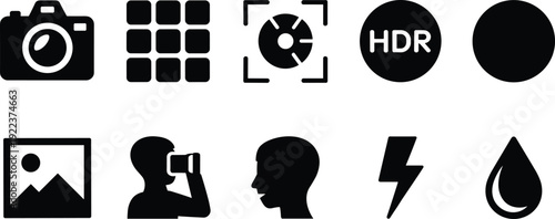 Collection of twelve stylized photography icons, symbolizing camera functions, editing tools, HDR, flash, gallery, and user interface design