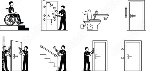 Black outline icon set of workers installing grab bars and ramps for disability accessibility, elderly safety, and home barrier-free renovation.