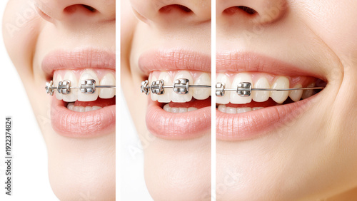 Progression of orthodontic treatment with metal braces on teeth, before and after concept