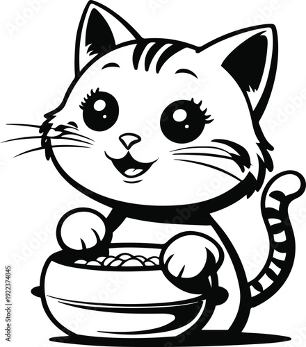 Extra thick cartoon outline black and white vector of a cute cat eating from a food bowl, very bold heavy stroke, rounded shapes, flat design, no shading, isolated on white background 2