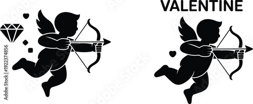 Cupid silhouette Valentine’s illustration featuring winged child with bow and arrow, heart and geometric symbols, and bold Valentine text symbolizing love, romance, and affection graphics