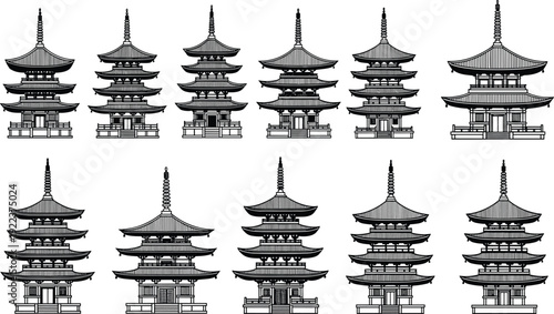 Black outline icon set of traditional Japanese pagodas and Buddhist temples isolated on white background for Asian heritage and tourism.