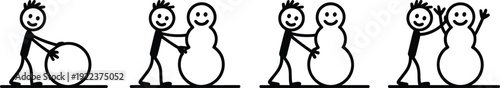Cute stick figure building snowman step by step winter activity scene, rolling snowball and finishing snowman isolated on white background illustration set