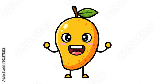 Adorable cartoon mango character with a happy expression and outstretched arms.