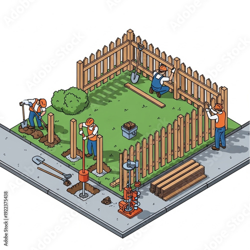 Construction workers building a wooden fence around a garden.