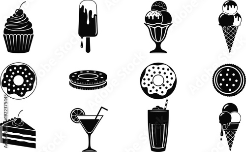 Black silhouette set of various desserts including ice cream, donuts, cupcakes, cake, and cocktails isolated on white background for cafe menus.